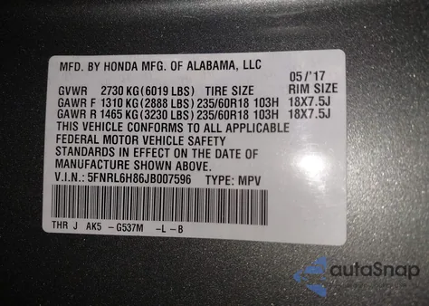 2018 Honda Odyssey Touring z USA, uszkodzony, nr VIN 5FNRL6H86JB007596